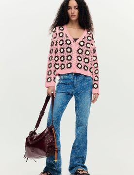 Cárdigan crochet rosa, Mujer, Rojo, XS