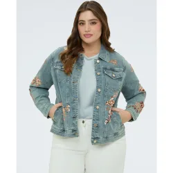 Chaqueta de mujer de denim con bordados florales de lentejuelas