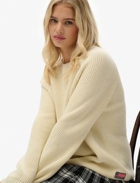 Superdry Damen Gerippter Strickpullover mit Lockerer Passform White - Größe: 34