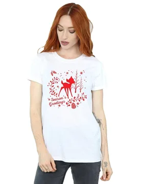 Women's Bambi Christmas Greetings Cotton Boyfriend T-Shirt in White Size: XL - White - Size: XL - Disney - FashionsVida