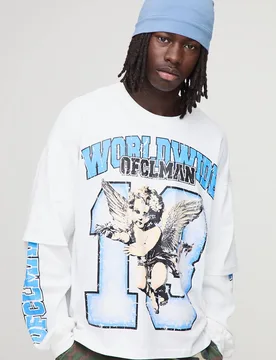 Herren Oversized Worldwide Varsity Langarm-T-Shirt White Größe Medium - boohooMAN - FashionsVida