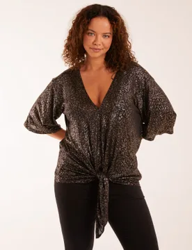 Leopard V Neck Tie Front Top - S/M / GOLD - female - Blue Vanilla - FashionsVida