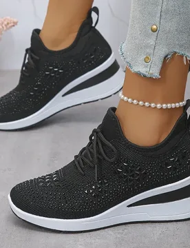 Women's Shiny Rhinestone Wedge Sneakers Breathable Knit Walking Shoes Woman Plus Size Fashion Thick Sole White Sneakers，36-43 - Aliexpress - FashionsVida