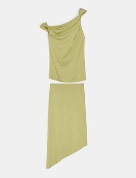 Completo in viscosa: top drappeggiato e gonna midi asimmetrica - verde chiaro