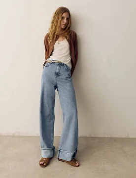 High Waisted Striped Wide Leg Turn Up Jeans Medium Indigo female - Per Una - FashionsVida