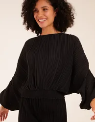 Long Sleeve Pleated Top - S / BLACK - female