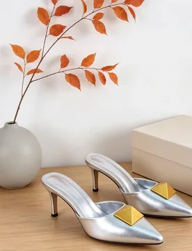 Silver Metallic Pointed Toe Women Mules Thin Stiletto High Heel Pump Slip on Golden Stud Sandals Summer Slippers Lady Shoe - Aliexpress - FashionsVida