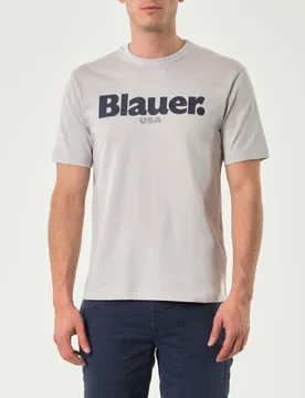 T-shirt ghiaccio mezza manica con maxi logo sul petto in contrasto - Blauer - FashionsVida