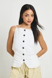 Womens Linen Look Button Down Belted Waistcoat - White - Size 12 Uk