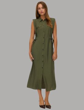 Vestito Camicia Lungo Smanicato con Tasche e Cintura