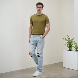 Men's Solid Color Short Sleeve T-Shirt 100% Cotton Drop Shoulder Casual Slim Fit Basic Top Fashion Fabric Package