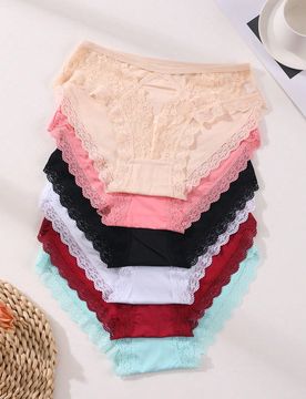 Paquete de 6 bragas de encaje sin costuras y caladas, bragas sexy de talle bajo, ropa interior cómoda para mujeres