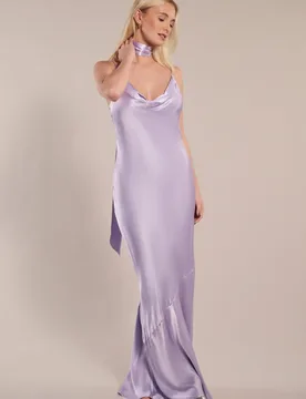 Pollenca cowl neck Dress in Lilac Satin - 8 - Rewritten - FashionsVida