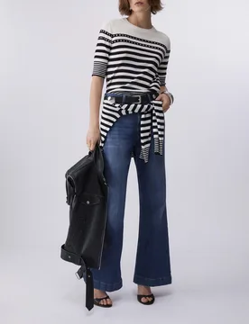 Maglia a righe bianche e blu maniche corte Liu Jo in misto viscosa e lana con strass e scollo a giro - Liujo - FashionsVida
