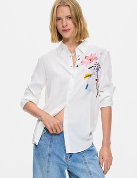 Chemise brodée à fleurs, , Viscose, Blanc, XS