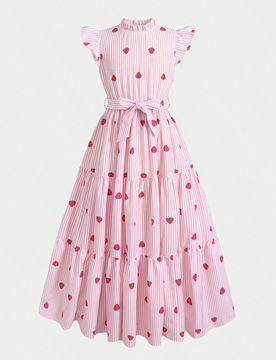Vestido largo para niña preadolescente, primavera/verano, casual de vacaciones, elegante, rosa y blanco a rayas, dulce estampado de fresas, de moda,