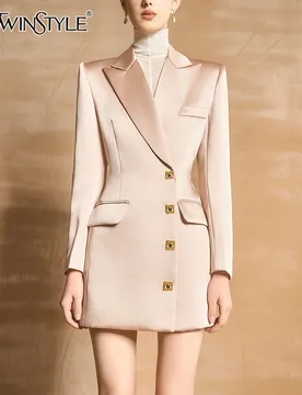 TWOTWINSTYLE Solid Patchwork Pocket Elegant Blazer For Women Notched Collar Long Sleeve Tunic Spliced Button Coats Female New - Aliexpress - FashionsVida