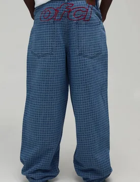 Men's Checked Denim OFCL Applique Relaxed Fit Jeans Mid Blue Size 34R Mid Blue 34R - boohooMAN - FashionsVida
