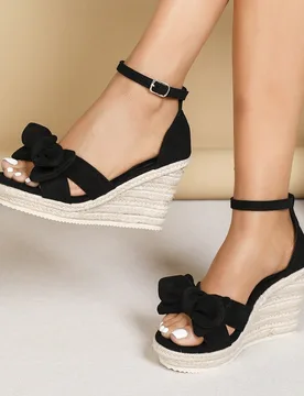 Sandalias casuales de plataforma cuña tipo alpargata tejida con lazo, ante negro, estilo retro occidental de vacaciones, con correa de tobillo ajusta - Shein - FashionsVida