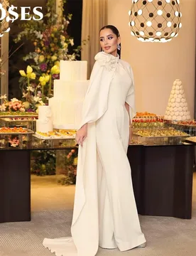ROSES White Satin Evening Gown High Neck Prom Dress with 3D Floral Wedding Evening Dress Cape Sleeve robes de soirée Customized - Aliexpress - FashionsVida
