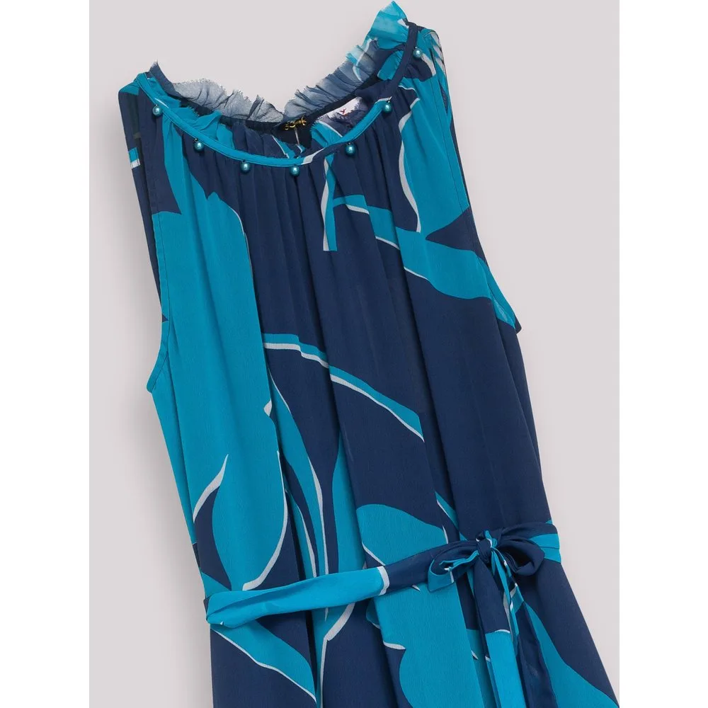 Vestido largo fluido sin mangas con volante escalonado - Niza - FashionsVida