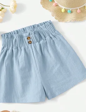 Shorts Casuales De Color Sólido Para Niña Tween Con Cintura De Bolsa De Papel Y Detalles De Botones - Shein - FashionsVida