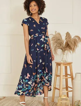 Women's Navy Butterfly Print Dip Hem Midi Wrap Dress Size: 18 - Navy - Size: 18 - Yumi - FashionsVida