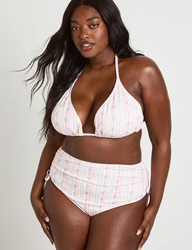 Womens Plus Waffle Print Lace Trim Triangle Bikini Top & Ruched Side Bottom Set - Pink Polyamide - Size 26 Uk - Boohoo - FashionsVida