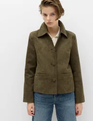 Suedette Button Through Short Jacket Olive female