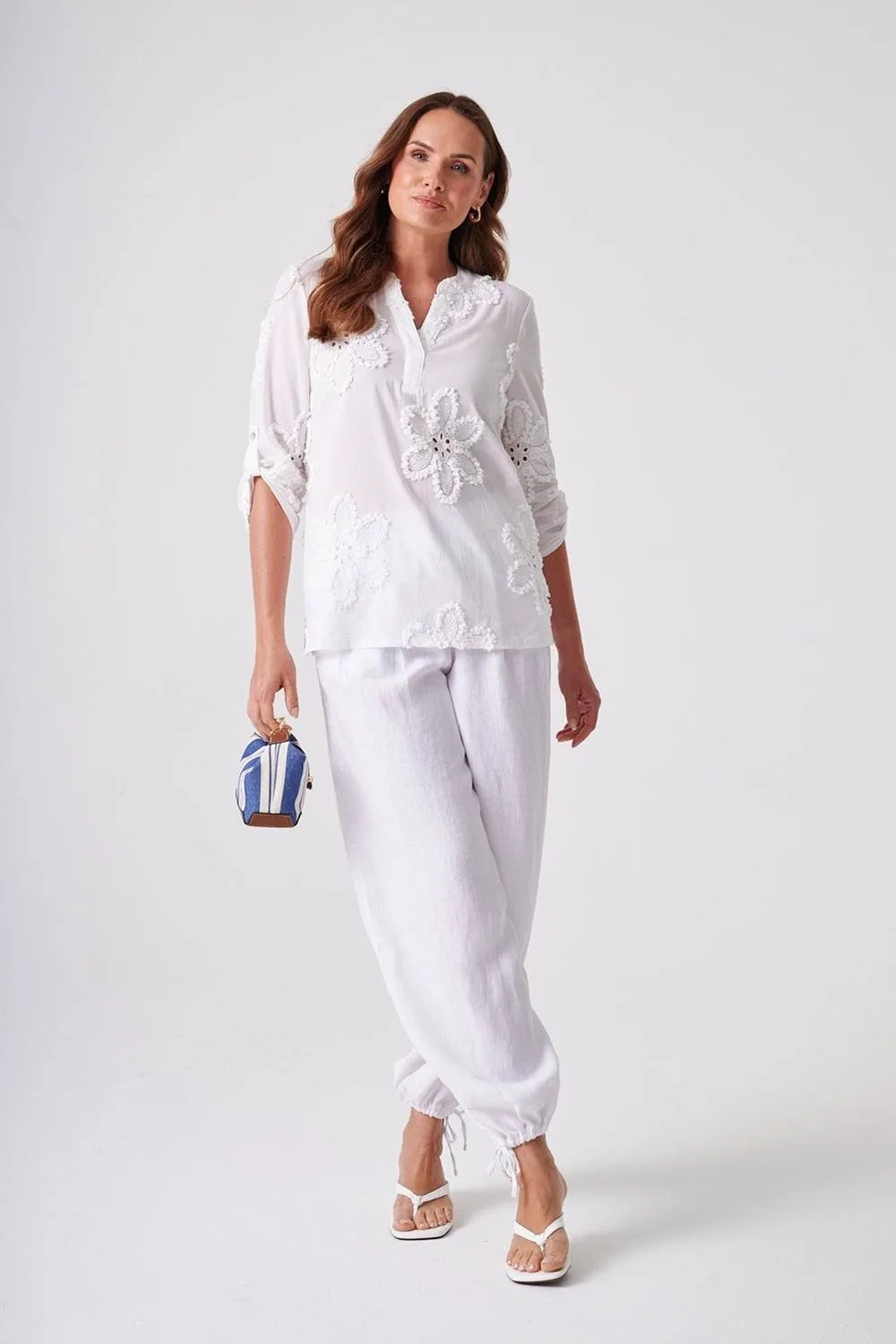Women's Applique Pattern Cotton Blouse in White Size: 10 - White - Size: 10 - Anna Rose - FashionsVida