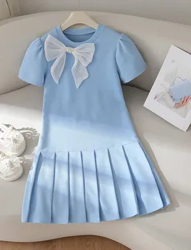 Vestido de una pieza para niña preadolescente de estilo preppy a la moda y casual, de tela de jacquard de punto elástico de color azul con cuello re - Shein - FashionsVida