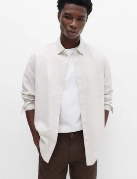 Relaxed Fit Cotton Rich Striped Oxford Shirt Natural male - M&S - FashionsVida