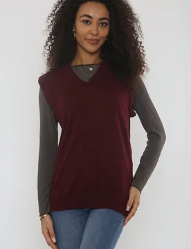Womens V Neck Sleeveless Knitted Vest - Wine - Size 12 Uk - Femme Luxe - FashionsVida