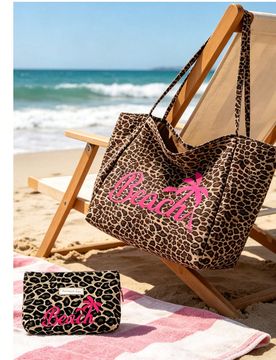 Bolsa de playa de gran capacidad con estampado de leopardo y patrón de playa y árbol de coco, bolso de hombro de moda, bolsa de maquillaje con estam