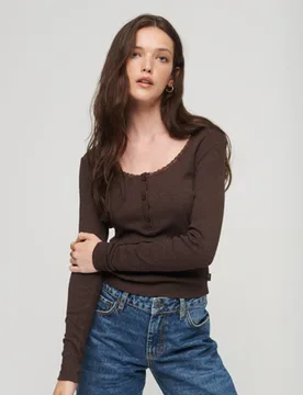 Superdry Damen Geripptes, Langärmeliges Henley-oberteil Braun - Größe: M/L - 34.99 - FashionsVida