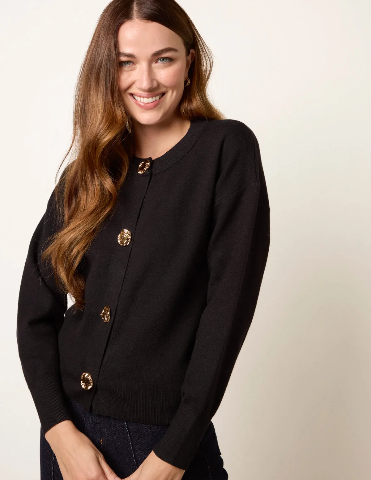 Gold Flower Button Cardigan - 6/8 / BLACK - female - Blue Vanilla - FashionsVida