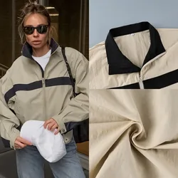 Women Color Block Windbreaker Jacket Stand Collar Zip Up Loose Casual Coat Autumn Winter Vintage Streetwear Outerwear New Style