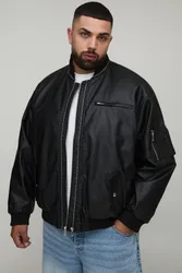 Herren Plus Lederlook Doppel-Reißverschluss Oversized MA1 Bomberjacke Black Größe 3XL