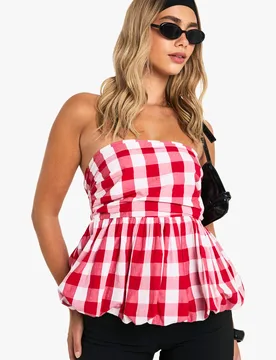 Womens Gingham Puffball Top - Red Cotton - Size 10 Uk - Boohoo - FashionsVida