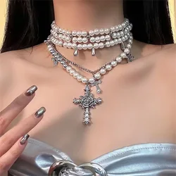XIALUOKE Pearl Beaded Necklace Multi-layer Wear Men's Women's Sweater Chain Necklace European American Retro Style Jewelry