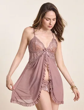 Conjunto de lencería sexy de 2 piezas con escote en V y ribete de encaje, ropa de dormir sexy para mujer, bata con abertura alta y pierna expuesta pa - Shein - FashionsVida