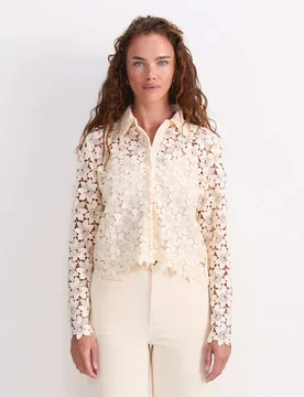 Floral Lace Button Through Relaxed Blouse Cream female - Sportscraft - FashionsVida