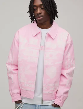 Men's PU Printed Graphic Varsity Jacket Pink Size Medium Pink M - boohooMAN - FashionsVida