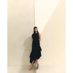 Vestido midi jacquard con volantes diagonales