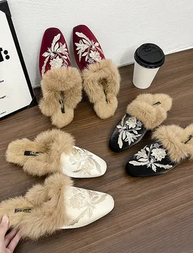 Women's Embroidered Half Slippers Casual Fluffy Warm Flat Bottom Mules Slip On Autumn Winter Shoes - Aliexpress - FashionsVida