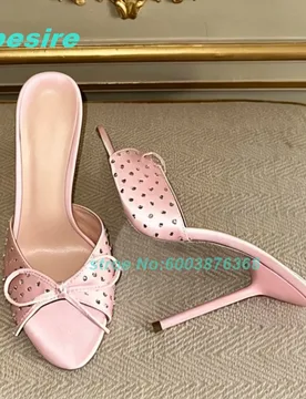 Pink Satin Leather Peep Toe Stiletto Heel Mules Rhinestone Decor Bow Knot Women's Slippers Sexy Sweet Y2K Daily Date Party Shoes - Aliexpress - FashionsVida