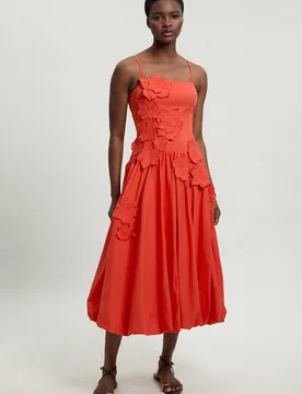 Womens Cotton Linen 3d Floral Bubble Hem Midi Dress - Red - Size 10 Uk - Karen millen - FashionsVida