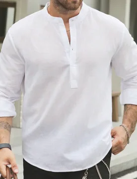 Camisa de manga larga de unicolor, ligera y semitransparente con cuello alto y botones, estilo minimalista de moda para uso casual diario y vacaciones - Shein - FashionsVida