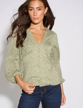 Women's Green V Neck Spot Print Button Front Blouse Size: 14 - Green - Size: 14 - Gini London - FashionsVida