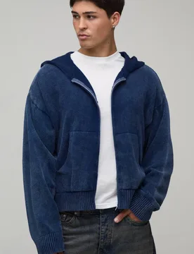Herren Kastiger Schnitt Kapuzenpullover Mit Wascheffekt Gestrickt Blue Größe XL - boohooMAN - FashionsVida